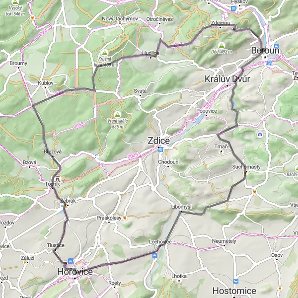 Miniaturní mapa "Scenic Road Cycling Route to Lochovice" inspirace pro cyklisty v oblasti Střední Čechy, Czech Republic. Vytvořeno pomocí plánovače tras Tarmacs.app