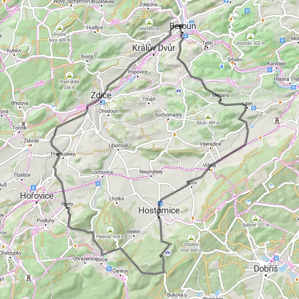 Miniaturní mapa "Tobolský vrch - Beroun" inspirace pro cyklisty v oblasti Střední Čechy, Czech Republic. Vytvořeno pomocí plánovače tras Tarmacs.app