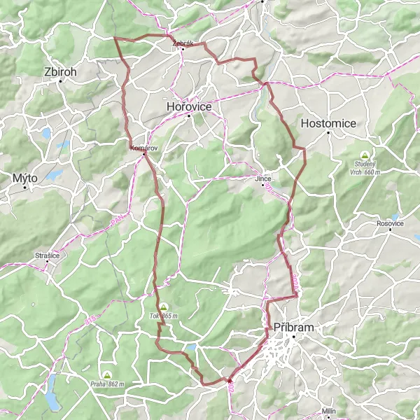 Miniaturní mapa "Gravelová cesta skrz přírodu" inspirace pro cyklisty v oblasti Střední Čechy, Czech Republic. Vytvořeno pomocí plánovače tras Tarmacs.app