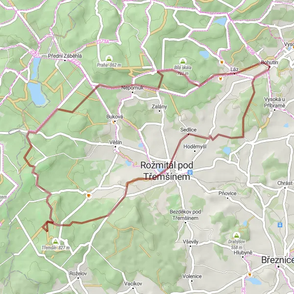 Miniaturní mapa "Gravelová tůra okolo Rožmitálu" inspirace pro cyklisty v oblasti Střední Čechy, Czech Republic. Vytvořeno pomocí plánovače tras Tarmacs.app