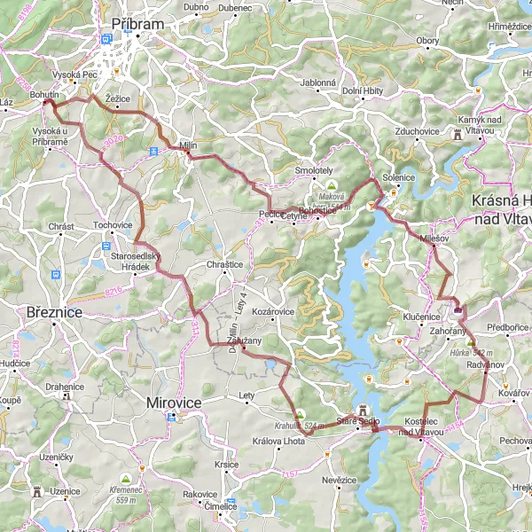 Map miniature of "Bohutín Gravel Adventure" cycling inspiration in Střední Čechy, Czech Republic. Generated by Tarmacs.app cycling route planner