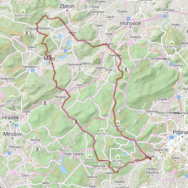 Miniaturní mapa "Gravelový okruh kolem Bohutína a okolí" inspirace pro cyklisty v oblasti Střední Čechy, Czech Republic. Vytvořeno pomocí plánovače tras Tarmacs.app