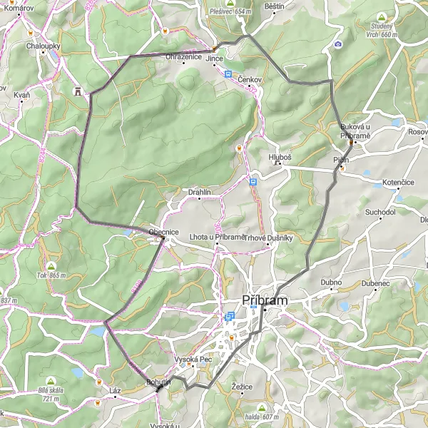 Map miniature of "Road to Obecnice" cycling inspiration in Střední Čechy, Czech Republic. Generated by Tarmacs.app cycling route planner