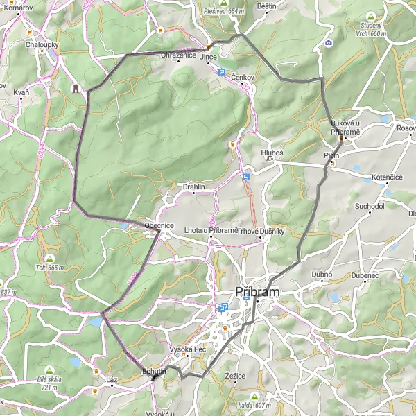 Mapa miniatúra "Trasa okolo Střední Čechy" cyklistická inšpirácia v Střední Čechy, Czech Republic. Vygenerované cyklistickým plánovačom trás Tarmacs.app