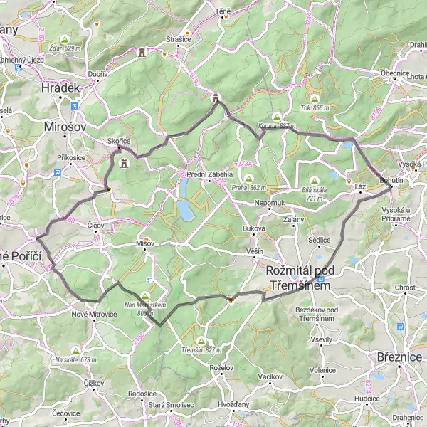 Map miniature of "Bohutín Road Loop" cycling inspiration in Střední Čechy, Czech Republic. Generated by Tarmacs.app cycling route planner