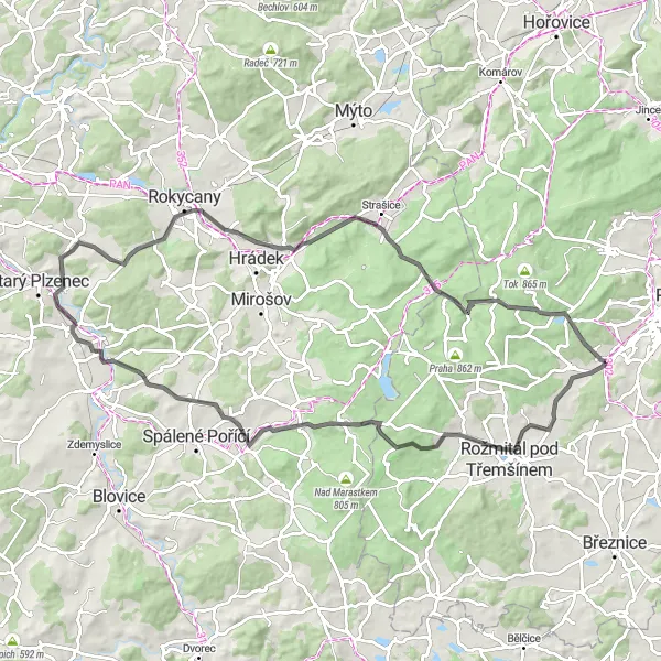 Miniaturní mapa "Okruh kolem Bohutína" inspirace pro cyklisty v oblasti Střední Čechy, Czech Republic. Vytvořeno pomocí plánovače tras Tarmacs.app