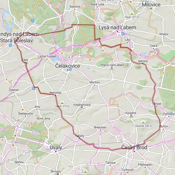 Miniaturní mapa "Gravelový okruh kolem Brandýsa nad Labem" inspirace pro cyklisty v oblasti Střední Čechy, Czech Republic. Vytvořeno pomocí plánovače tras Tarmacs.app