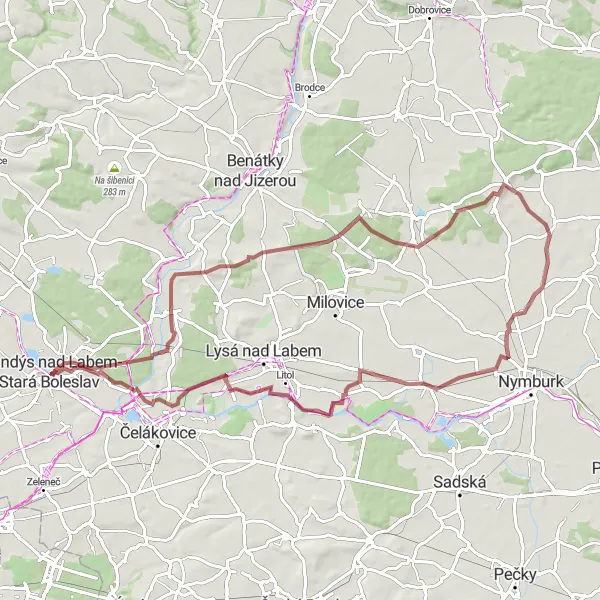 Map miniature of "Sojovice Gravel Adventure" cycling inspiration in Střední Čechy, Czech Republic. Generated by Tarmacs.app cycling route planner