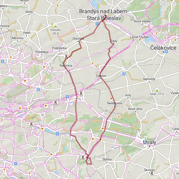Miniaturní mapa "Gravelová cesta kolem Brandýsa nad Labem" inspirace pro cyklisty v oblasti Střední Čechy, Czech Republic. Vytvořeno pomocí plánovače tras Tarmacs.app