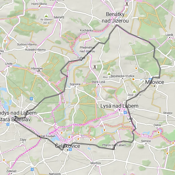 Miniaturní mapa "Brandýs nad Labem - Lázně Toušeň cyklotrasa" inspirace pro cyklisty v oblasti Střední Čechy, Czech Republic. Vytvořeno pomocí plánovače tras Tarmacs.app