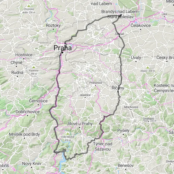 Miniaturní mapa "Výlet kolem Brandýsa až do Kuchyně" inspirace pro cyklisty v oblasti Střední Čechy, Czech Republic. Vytvořeno pomocí plánovače tras Tarmacs.app