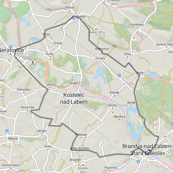 Miniaturní mapa "Okruh kolem Brandýsa nad Labem - Velký Brázdim" inspirace pro cyklisty v oblasti Střední Čechy, Czech Republic. Vytvořeno pomocí plánovače tras Tarmacs.app