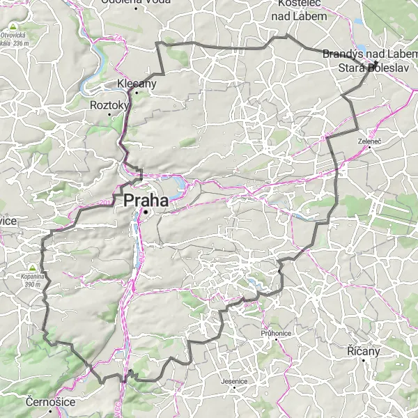 Miniaturní mapa "Brandýs nad Labem-Stará Boleslav - Svémyslice - Běchovice - Milíčovský vrch - Zbraslav - Havlín - Zadní Kopanina - Masarykova vyhlídka - Vyhlídka Zámky - Klíčany - Mratín - Polabská geostezka" inspirace pro cyklisty v oblasti Střední Čechy, Czech Republic. Vytvořeno pomocí plánovače tras Tarmacs.app