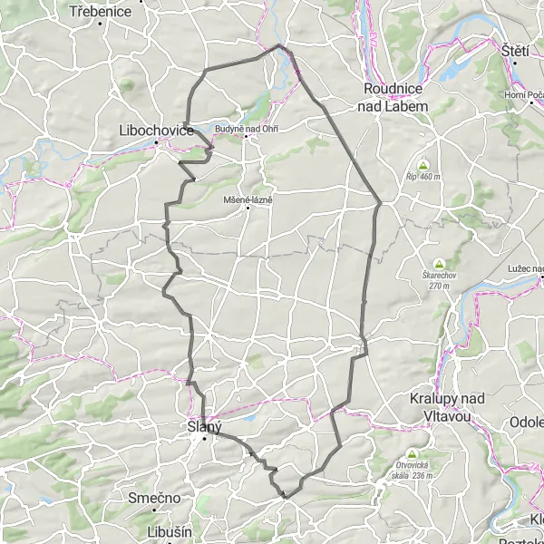 Miniaturní mapa "Brandýsek - Třebusice Road Cycling Tour" inspirace pro cyklisty v oblasti Střední Čechy, Czech Republic. Vytvořeno pomocí plánovače tras Tarmacs.app