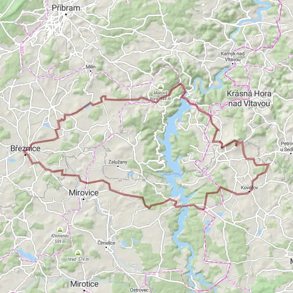 Map miniature of "Challenging Gravel Adventure" cycling inspiration in Střední Čechy, Czech Republic. Generated by Tarmacs.app cycling route planner