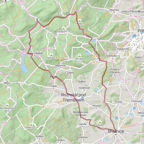 Map miniature of "Březnice Gravel Adventure" cycling inspiration in Střední Čechy, Czech Republic. Generated by Tarmacs.app cycling route planner