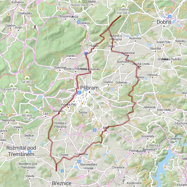 Map miniature of "Picturesque Gravel Route" cycling inspiration in Střední Čechy, Czech Republic. Generated by Tarmacs.app cycling route planner