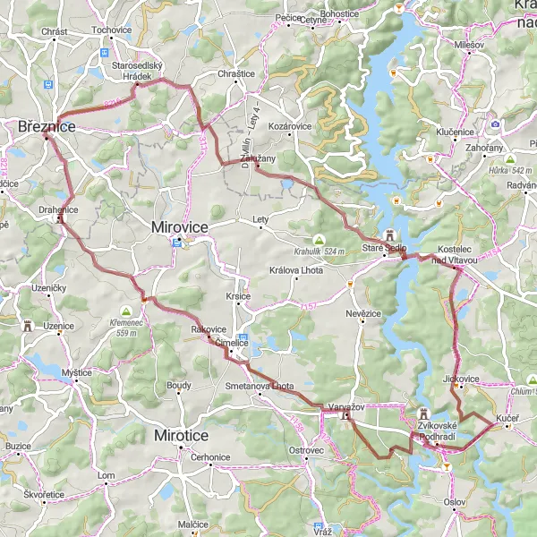 Map miniature of "Březnice Countryside Gravel Loop" cycling inspiration in Střední Čechy, Czech Republic. Generated by Tarmacs.app cycling route planner