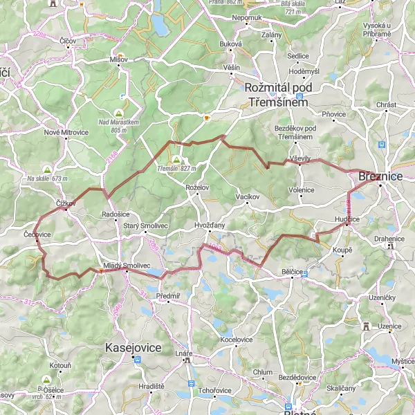 Map miniature of "Březnice Gravel Loop" cycling inspiration in Střední Čechy, Czech Republic. Generated by Tarmacs.app cycling route planner