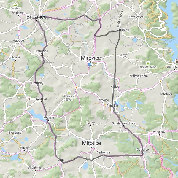 Map miniature of "Březnice Road Adventure" cycling inspiration in Střední Čechy, Czech Republic. Generated by Tarmacs.app cycling route planner