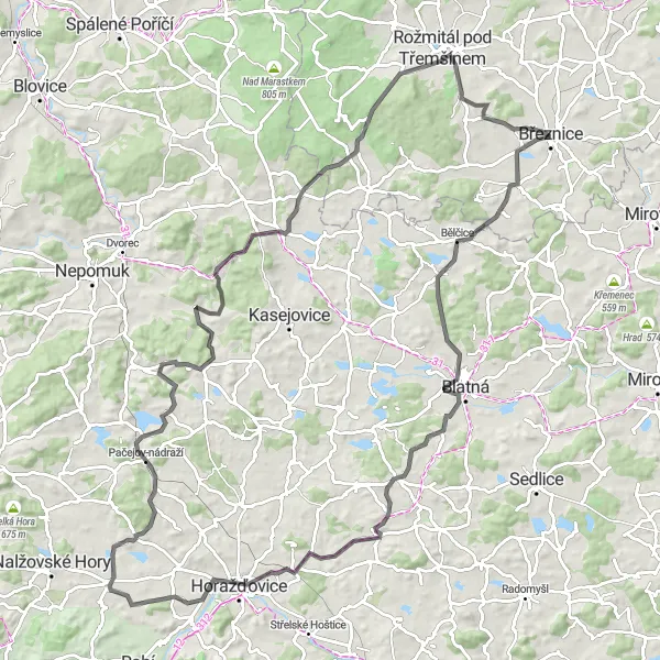 Miniatura mapy "Trasa wzdłuż górzystego terenu i malowniczych wiosek" - trasy rowerowej w Střední Čechy, Czech Republic. Wygenerowane przez planer tras rowerowych Tarmacs.app