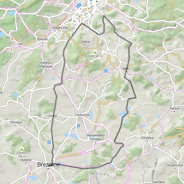 Map miniature of "Březnice Countryside Loop" cycling inspiration in Střední Čechy, Czech Republic. Generated by Tarmacs.app cycling route planner