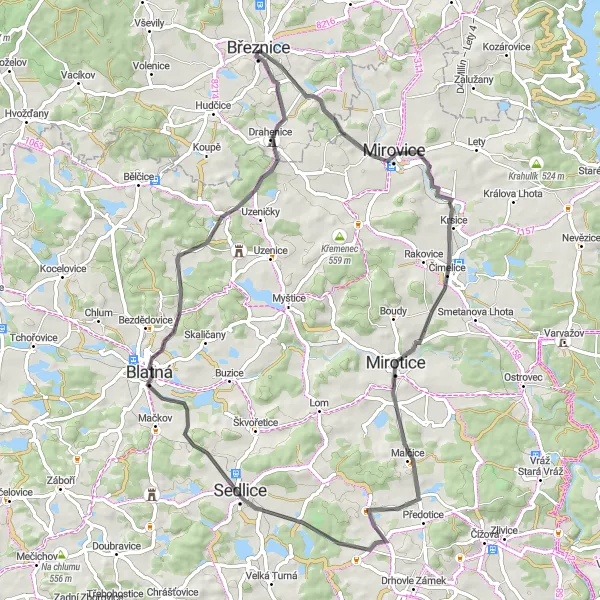 Map miniature of "Březnice Hills Loop" cycling inspiration in Střední Čechy, Czech Republic. Generated by Tarmacs.app cycling route planner