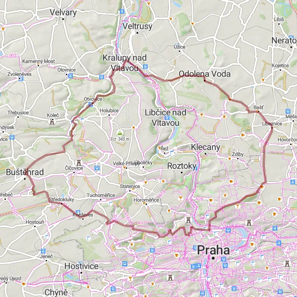 Mapa miniatúra "Gravelová cyklotrasa okolo Buštěhradu" cyklistická inšpirácia v Střední Čechy, Czech Republic. Vygenerované cyklistickým plánovačom trás Tarmacs.app