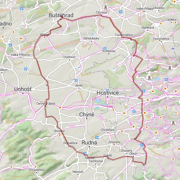 Miniatura mapy "Trasa gravelowa z Buštěhradu do Buštĕhrad" - trasy rowerowej w Střední Čechy, Czech Republic. Wygenerowane przez planer tras rowerowych Tarmacs.app