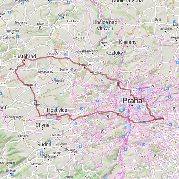Miniaturní mapa "Gravelový okruh kolem Buštěhradu" inspirace pro cyklisty v oblasti Střední Čechy, Czech Republic. Vytvořeno pomocí plánovače tras Tarmacs.app