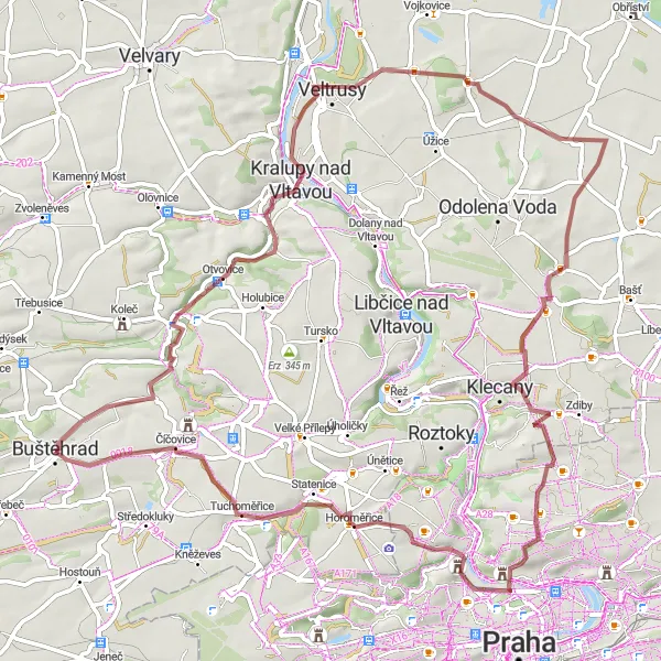 Miniaturní mapa "Gravel Route Buštěhrad Circuit" inspirace pro cyklisty v oblasti Střední Čechy, Czech Republic. Vytvořeno pomocí plánovače tras Tarmacs.app