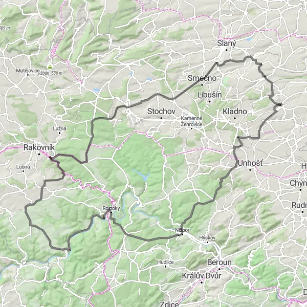 Mapa miniatúra "Cyklistický výlet po okolí Buštěhradu" cyklistická inšpirácia v Střední Čechy, Czech Republic. Vygenerované cyklistickým plánovačom trás Tarmacs.app