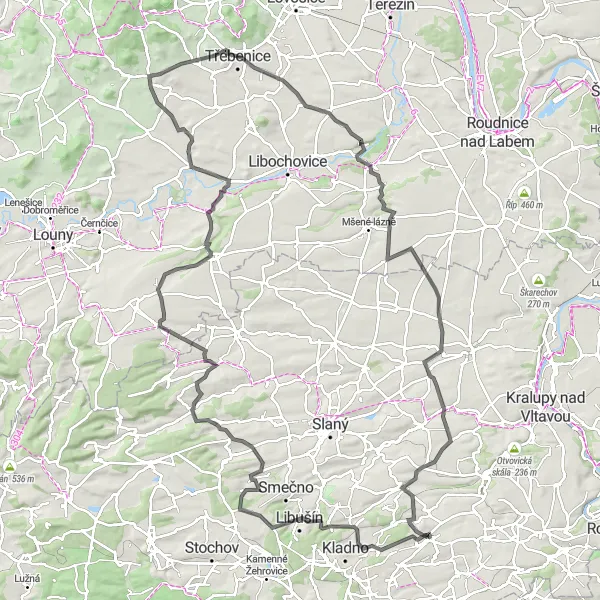 Map miniature of "Three Lakes Circuit" cycling inspiration in Střední Čechy, Czech Republic. Generated by Tarmacs.app cycling route planner