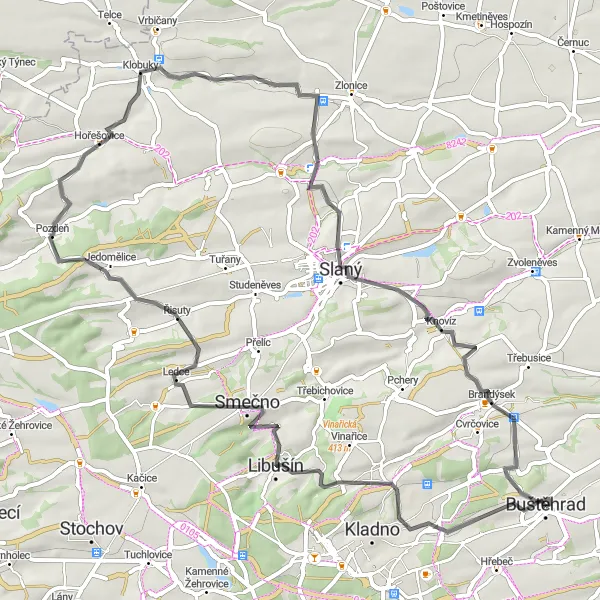 Mapa miniatúra "Okruh kolem Buštěhradu" cyklistická inšpirácia v Střední Čechy, Czech Republic. Vygenerované cyklistickým plánovačom trás Tarmacs.app