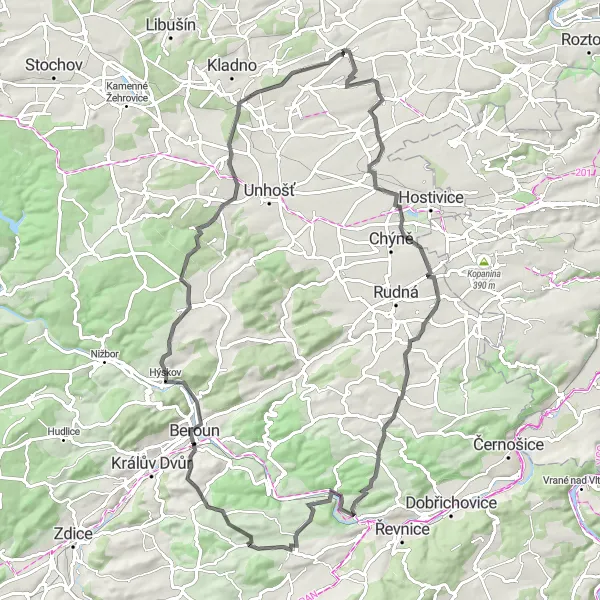 Map miniature of "Dobrovíz Road Ride" cycling inspiration in Střední Čechy, Czech Republic. Generated by Tarmacs.app cycling route planner