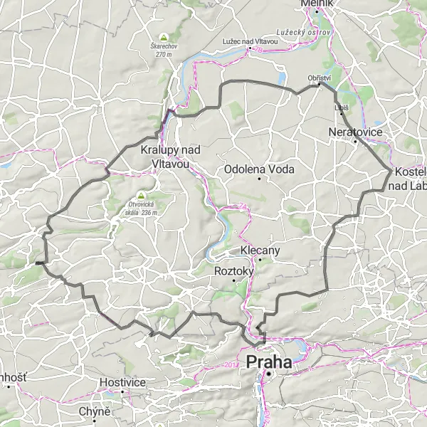 Map miniature of "Střední Čechy Castle Trail" cycling inspiration in Střední Čechy, Czech Republic. Generated by Tarmacs.app cycling route planner