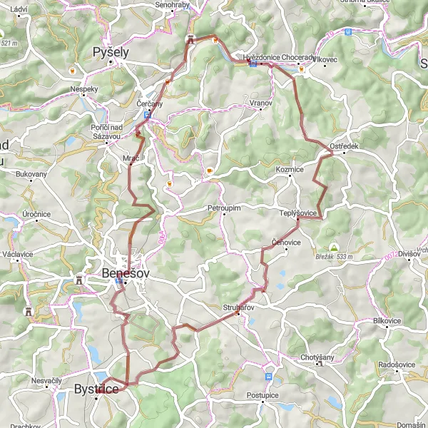 Miniaturní mapa "Okruh po okolí Benešova" inspirace pro cyklisty v oblasti Střední Čechy, Czech Republic. Vytvořeno pomocí plánovače tras Tarmacs.app