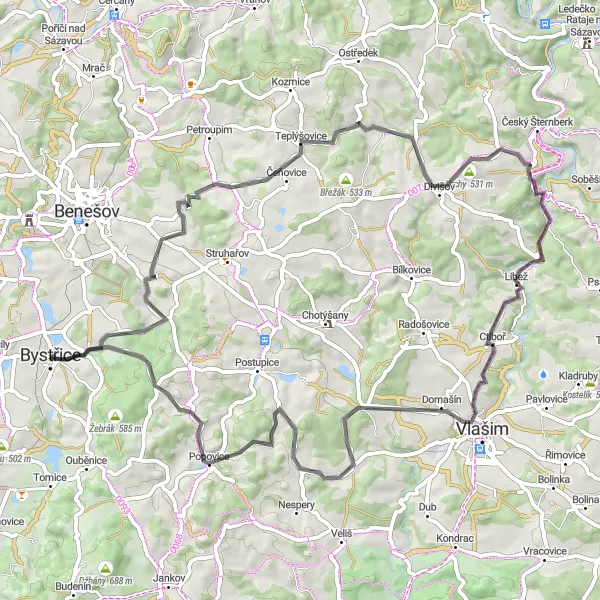 Miniaturní mapa "Kolem malebných vesnic Středních Čech" inspirace pro cyklisty v oblasti Střední Čechy, Czech Republic. Vytvořeno pomocí plánovače tras Tarmacs.app