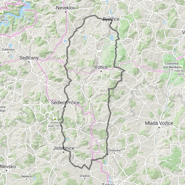 Mapa miniatúra "Okružní cyklotrasa kolem Bystřice" cyklistická inšpirácia v Střední Čechy, Czech Republic. Vygenerované cyklistickým plánovačom trás Tarmacs.app