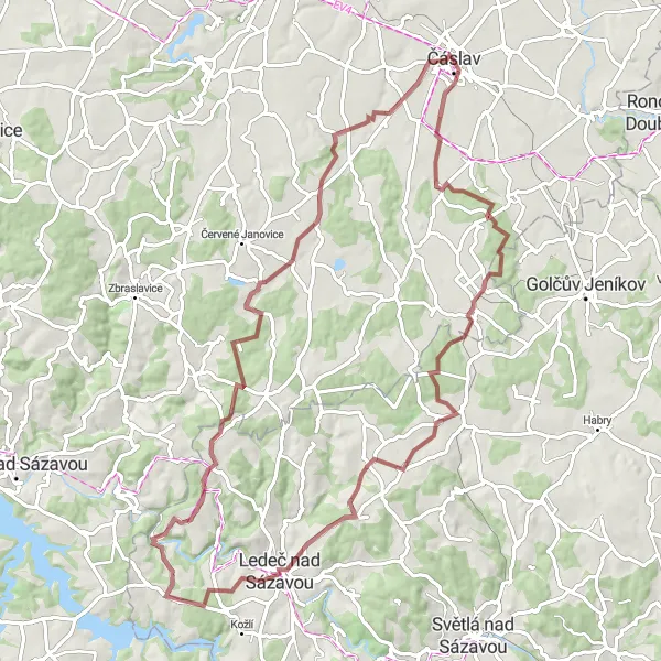 Miniaturní mapa "Gravelový okruh kolem Čáslavi" inspirace pro cyklisty v oblasti Střední Čechy, Czech Republic. Vytvořeno pomocí plánovače tras Tarmacs.app
