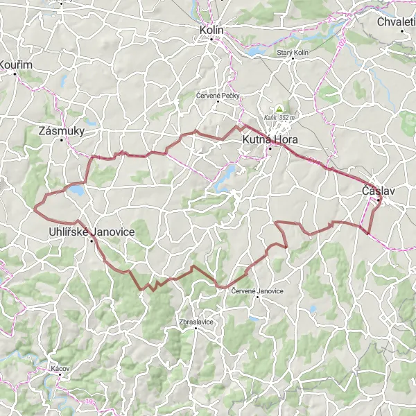 Miniaturní mapa "Gravelový okruh okolo Čáslavi" inspirace pro cyklisty v oblasti Střední Čechy, Czech Republic. Vytvořeno pomocí plánovače tras Tarmacs.app