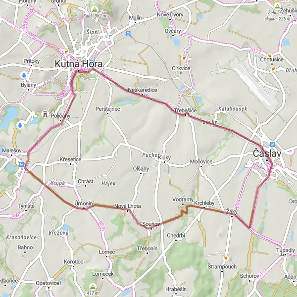 Karten-Miniaturansicht der Radinspiration "Gravel route around Čáslav" in Střední Čechy, Czech Republic. Erstellt vom Tarmacs.app-Routenplaner für Radtouren