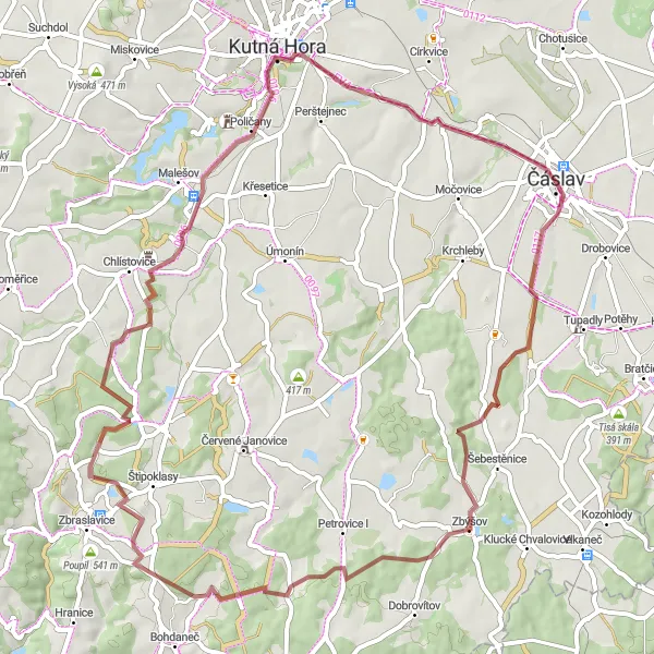 Miniaturní mapa "Gravel route Krchlebská Lhota - Čáslav" inspirace pro cyklisty v oblasti Střední Čechy, Czech Republic. Vytvořeno pomocí plánovače tras Tarmacs.app
