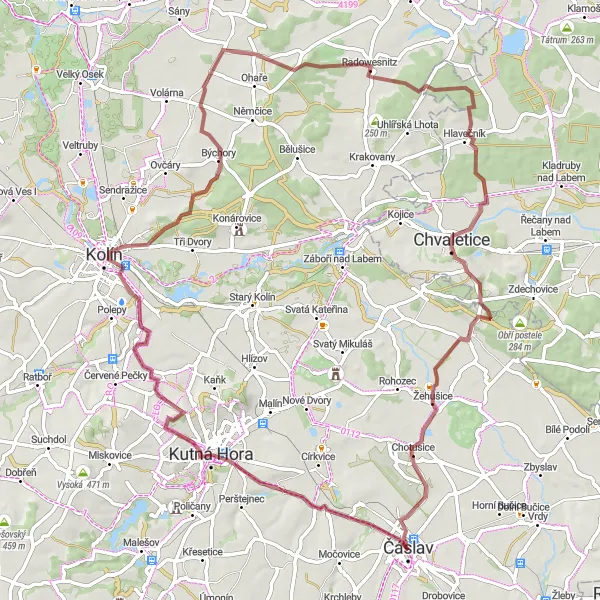 Miniaturní mapa "Gravel route Neškaredice - Čáslav" inspirace pro cyklisty v oblasti Střední Čechy, Czech Republic. Vytvořeno pomocí plánovače tras Tarmacs.app