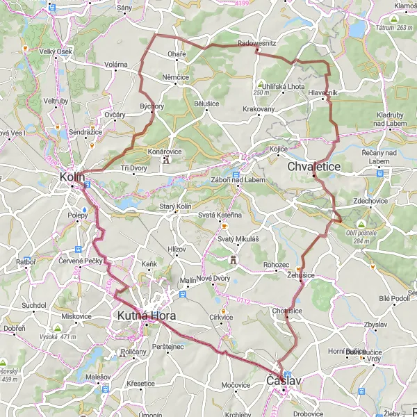 Mapa miniatúra "Gravelový okruh přes Chvaletice" cyklistická inšpirácia v Střední Čechy, Czech Republic. Vygenerované cyklistickým plánovačom trás Tarmacs.app