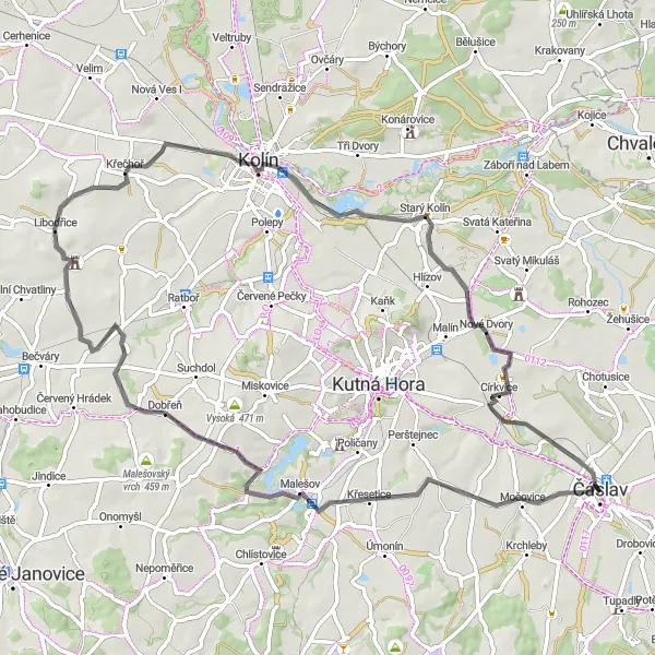 Miniaturní mapa "Road route Kluky - Čáslav" inspirace pro cyklisty v oblasti Střední Čechy, Czech Republic. Vytvořeno pomocí plánovače tras Tarmacs.app