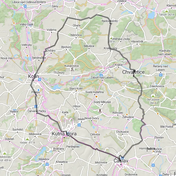 Mapa miniatúra "Road okruh kolem Čáslavi" cyklistická inšpirácia v Střední Čechy, Czech Republic. Vygenerované cyklistickým plánovačom trás Tarmacs.app