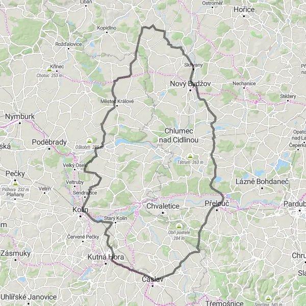 Map miniature of "Countryside Road Cycling Adventure near Čáslav" cycling inspiration in Střední Čechy, Czech Republic. Generated by Tarmacs.app cycling route planner