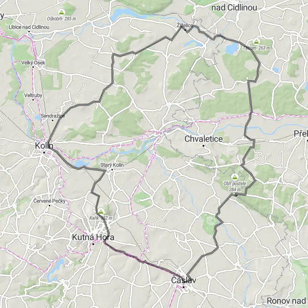 Map miniature of "Neškaredice to Čáslav Road Cycling Route" cycling inspiration in Střední Čechy, Czech Republic. Generated by Tarmacs.app cycling route planner