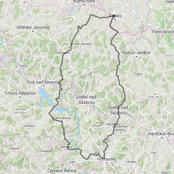 Miniaturní mapa "Okolí Čáslavi - Zámecký okruh" inspirace pro cyklisty v oblasti Střední Čechy, Czech Republic. Vytvořeno pomocí plánovače tras Tarmacs.app